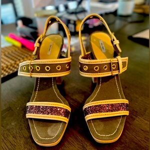 New Authentic MIU MIU Women's Green/Beige Canvas/Leather Heel Sandal